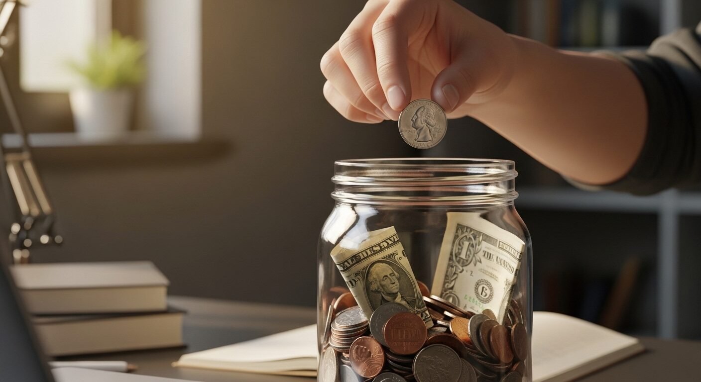 Lọ thủy tinh chứa tiền tiết kiệm và bàn tay học sinh THPT bỏ thêm đồng xu, tượng trưng cho việc Quản lý tài chính cá nhân cho học sinh THPT.
