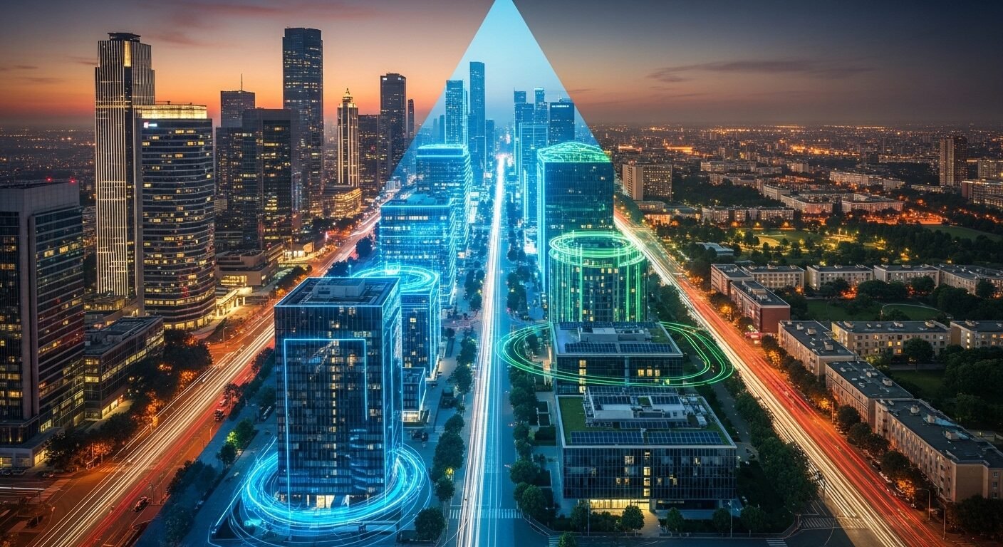 Cảnh quan thành phố hiện đại, năng động lúc hoàng hôn với các khu tài chính, công nghệ và bền vững, tượng trưng cho vô vàn cơ hội việc làm đa dạng. Cảnh quan thành phố hiện đại, năng động lúc hoàng hôn với các khu tài chính, công nghệ và bền vững, tượng trưng cho vô vàn cơ hội việc làm đa dạng.