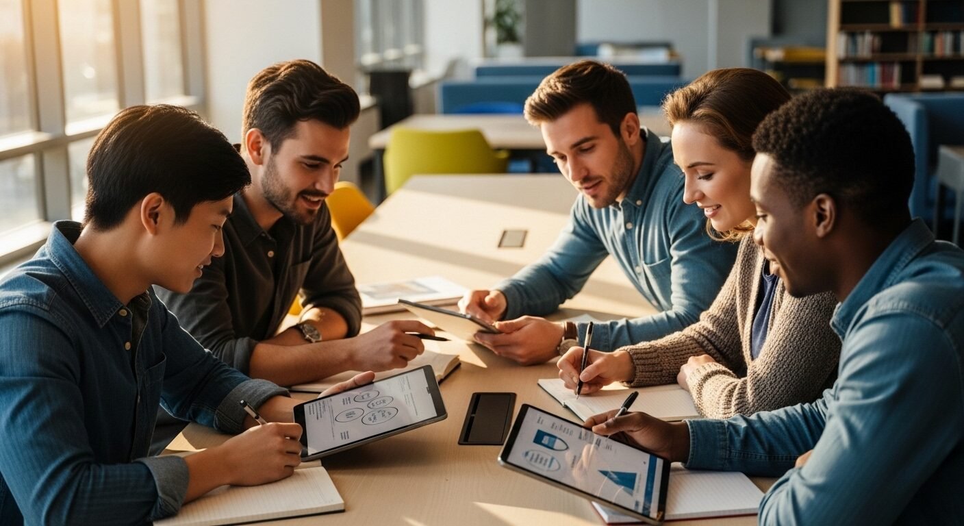 Nhóm thanh niên đa dạng hợp tác học tập, thảo luận kiến thức và kỹ năng trong không gian hiện đại, chuẩn bị cho hướng nghiệp.