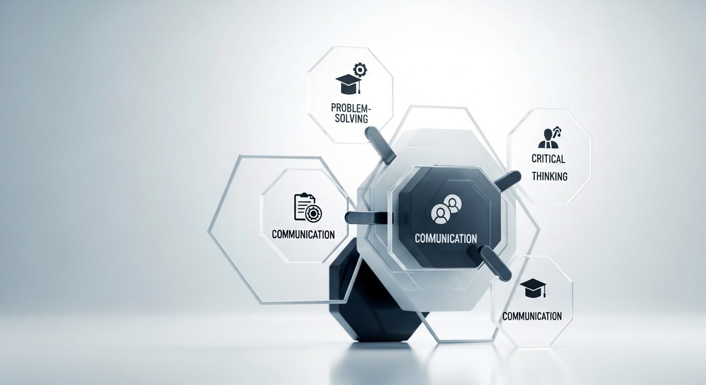 Mô hình trừu tượng các kỹ năng cốt lõi (giải quyết vấn đề, tư duy phản biện, giao tiếp) liên kết chặt chẽ, phản ánh nhu cầu phát triển năng lực trong thị trường giáo dục hiện đại.