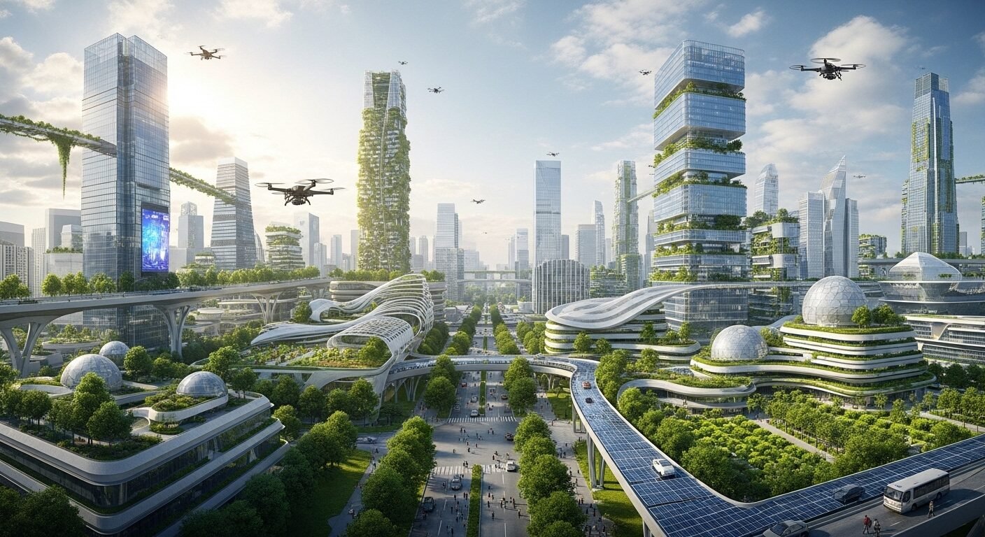 Một thành phố tương lai sống động, hòa quyện công nghệ và thiên nhiên, với các cấu trúc đa dạng đại diện cho nhiều ngành nghề đang phát triển. Bầu trời sáng bừng hy vọng cho một ngày hội hướng nghiệp đầy tiềm năng. Một thành phố tương lai sống động, hòa quyện công nghệ và thiên nhiên, với các cấu trúc đa dạng đại diện cho nhiều ngành nghề đang phát triển. Bầu trời sáng bừng hy vọng cho một ngày hội hướng nghiệp đầy tiềm năng.