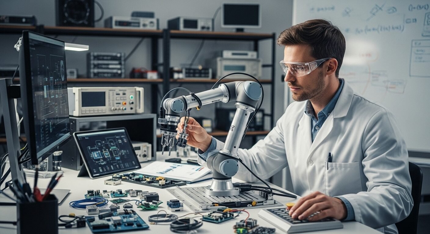 Kỹ sư áo lab đang tỉ mỉ điều khiển cánh tay robot hiện đại trong phòng thí nghiệm đầy linh kiện điện tử và sơ đồ kỹ thuật, minh họa cho một nghề lạ của tương lai.