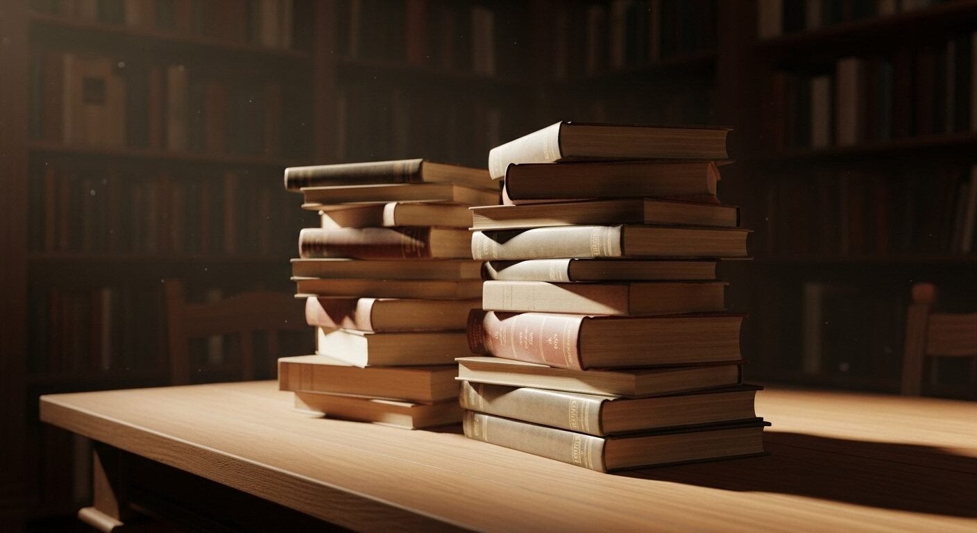 Những cuốn sách học thuật cổ điển trên bàn gỗ trong thư viện mờ ảo, ánh sáng tập trung chiếu rọi, nền tảng vững chắc cho quyết định chọn ngành học.