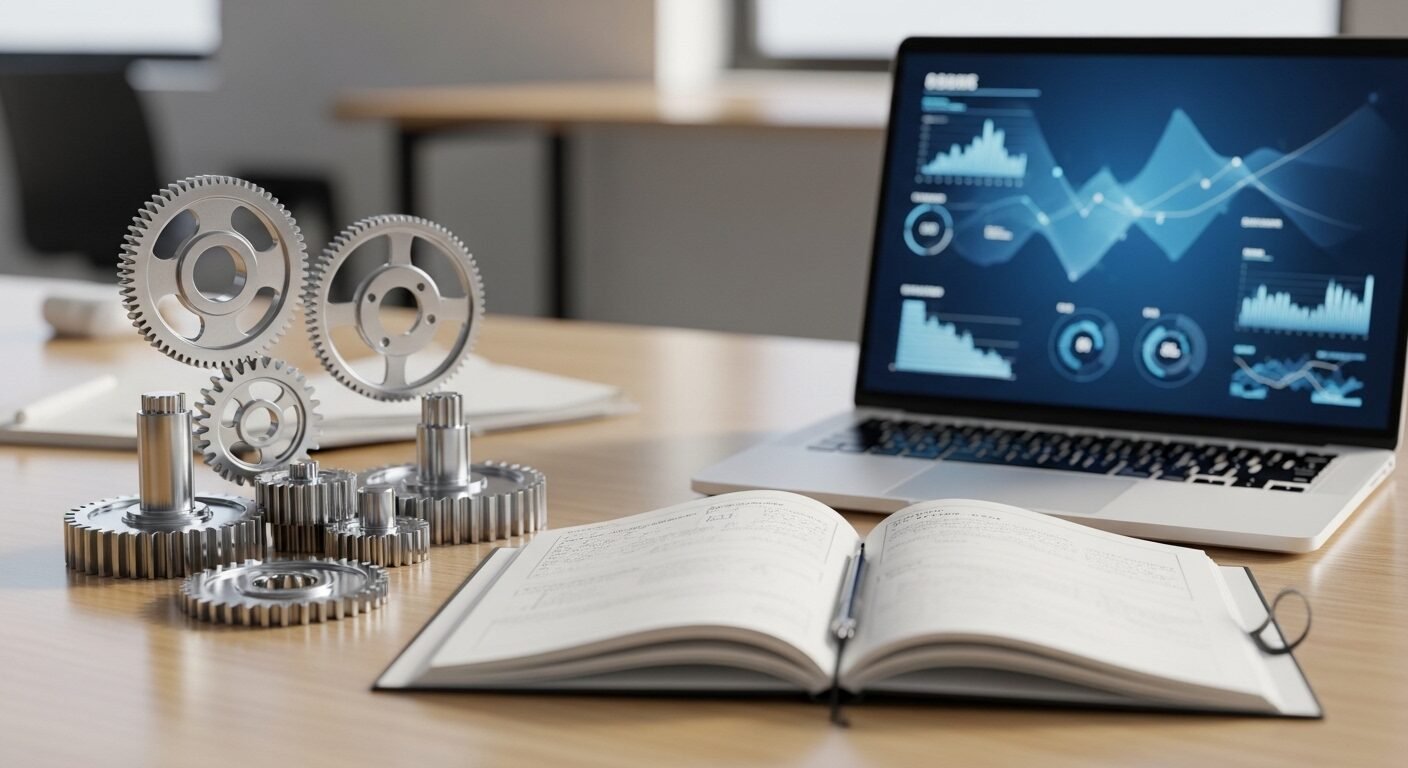 Bàn làm việc hiện đại có laptop, sổ tay mở và những bánh răng kim loại bóng loáng, tượng trưng cho hành trình hướng nghiệp và hoạch định tương lai. Bàn làm việc hiện đại có laptop, sổ tay mở và những bánh răng kim loại bóng loáng, tượng trưng cho hành trình hướng nghiệp và hoạch định tương lai.