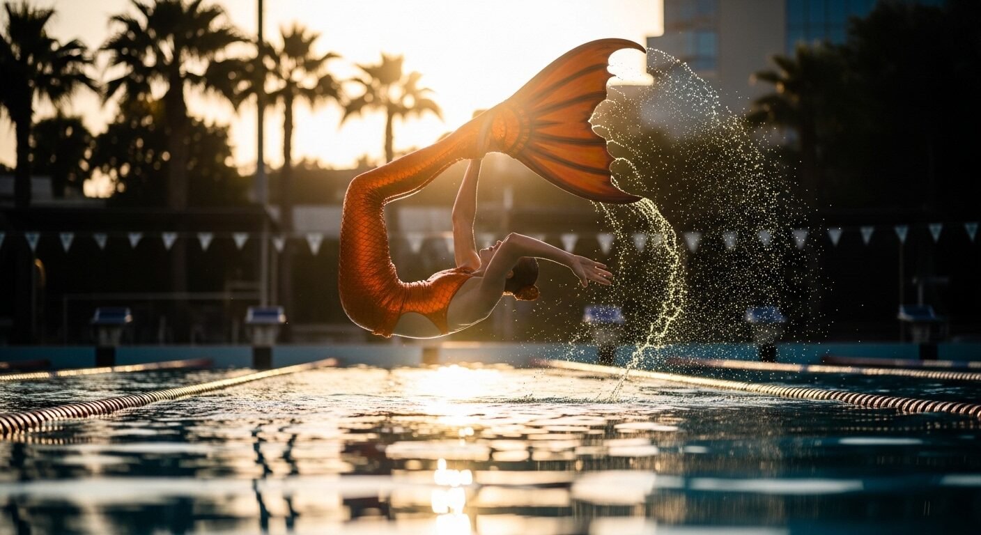 Vận động viên nghề nàng tiên cá biểu diễn với đuôi cam ánh kim rực rỡ trong hồ bơi ngoài trời, ánh nắng lung linh trên mặt nước trong vắt. Vận động viên nghề nàng tiên cá biểu diễn với đuôi cam ánh kim rực rỡ trong hồ bơi ngoài trời, ánh nắng lung linh trên mặt nước trong vắt.