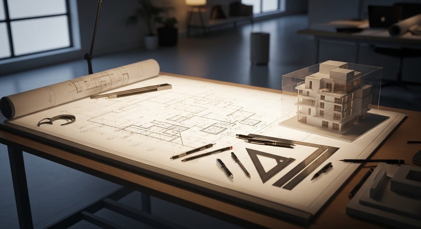 Bản vẽ kiến trúc chi tiết, công cụ thiết kế và mô hình trên bàn làm việc trong studio tối giản. Một dự án quy mô lớn đòi hỏi sự chuẩn bị kỹ lưỡng và đội ngũ nhân sự chất lượng, được tuyển dụng bởi Headhunter.