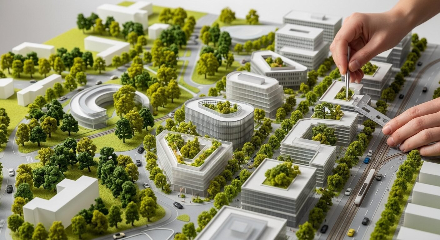 Mô hình kiến trúc đô thị bền vững chi tiết với không gian xanh, tòa nhà và mạng lưới giao thông. Bàn tay đang sử dụng công cụ để thiết kế, quy hoạch, gợi mở về tiềm năng các ngành học và sự nghiệp qua tuyển sinh đại học.