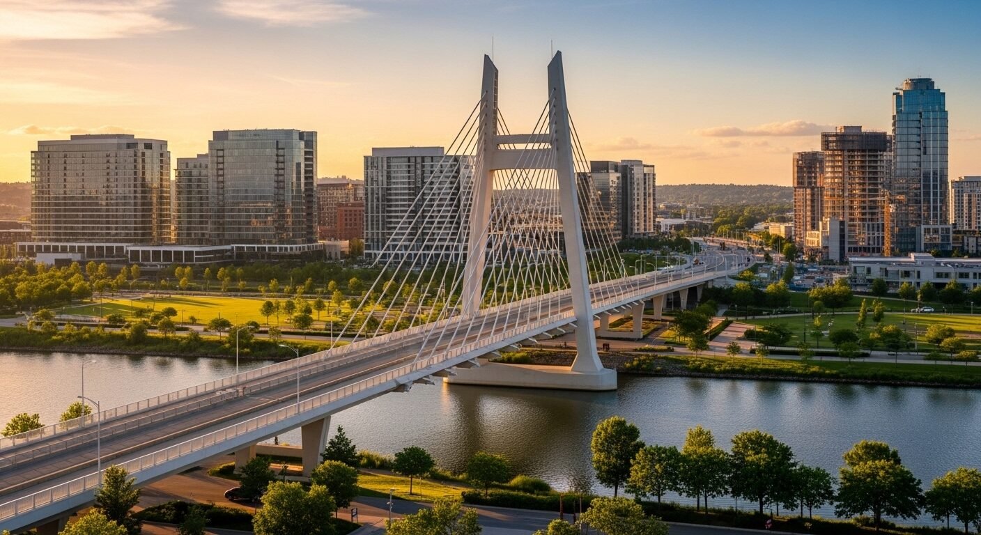 Cầu kiến trúc vững chắc, thanh lịch nối đô thị xanh phát triển rực rỡ dưới nắng chiều. Biểu tượng cho nền tảng kết nối và hỗ trợ tăng trưởng bền vững, phản ánh vai trò của một Hiệp hội.