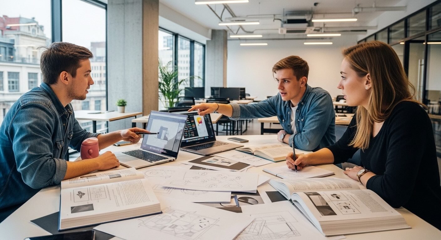 Ba bạn trẻ đang say mê thảo luận về các bản phác thảo thiết kế và laptop trong không gian co-working hiện đại, phục vụ việc định hướng nghề nghiệp và phát triển dự án.