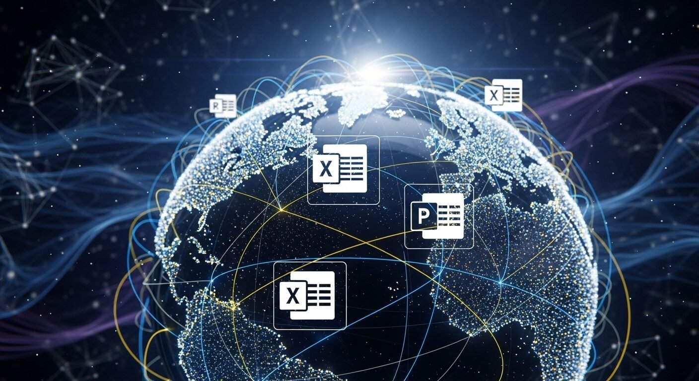 Quả địa cầu kỹ thuật số với biểu tượng Word, Excel, PowerPoint, thể hiện sân chơi toàn cầu cho Tin học văn phòng. Tôn vinh Học sinh Việt vô địch Tin học văn phòng thế giới.