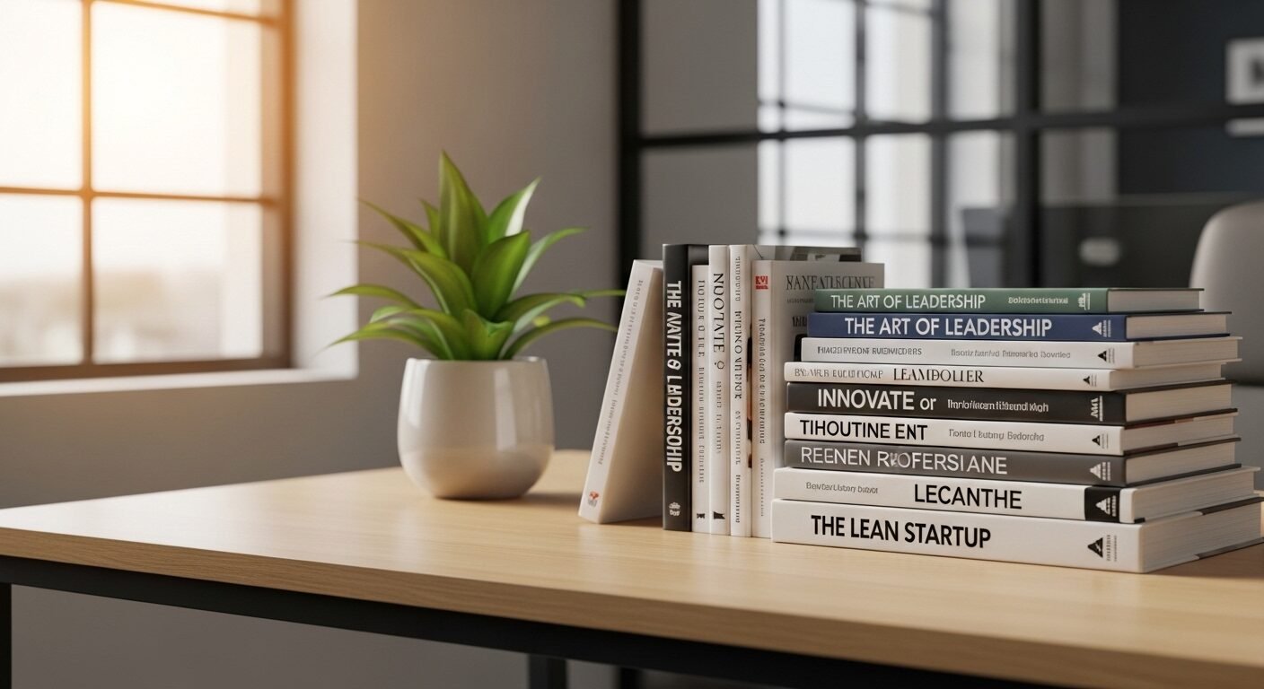 Bàn làm việc hiện đại, ngăn nắp với chồng sách về các công cụ chọn nghề và cây xanh, dưới ánh sáng ấm áp từ cửa sổ.