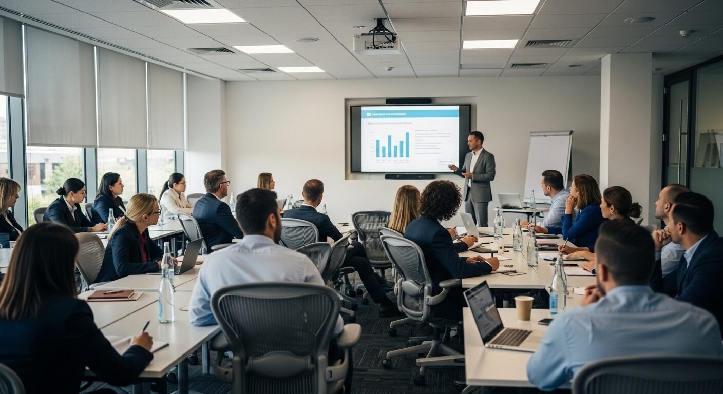 Phòng đào tạo doanh nghiệp chuyên nghiệp, diễn giả thuyết trình trước khán giả chăm chú ghi chép. Môi trường lý tưởng cho phát triển kỹ năng và cơ hội tuyển dụng GPO. Phòng đào tạo doanh nghiệp chuyên nghiệp, diễn giả thuyết trình trước khán giả chăm chú ghi chép. Môi trường lý tưởng cho phát triển kỹ năng và cơ hội tuyển dụng GPO.