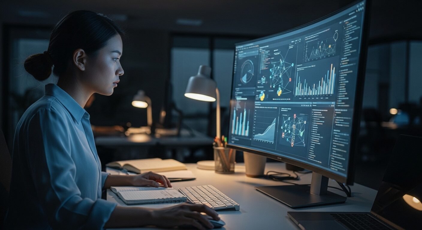 Thực tập sinh tập trung cao độ vào dự án phức tạp, hiển thị code và trực quan hóa dữ liệu trên màn hình lớn, minh họa môi trường làm việc chuyên nghiệp khi tuyển dụng thực tập sinh. Thực tập sinh tập trung cao độ vào dự án phức tạp, hiển thị code và trực quan hóa dữ liệu trên màn hình lớn, minh họa môi trường làm việc chuyên nghiệp khi tuyển dụng thực tập sinh.