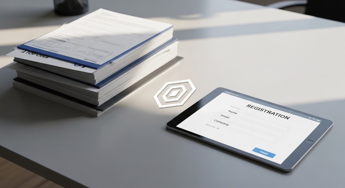 Bàn làm việc gọn gàng với máy tính bảng hiển thị biểu mẫu đăng ký trực tuyến, kèm tài liệu và logo doanh nghiệp. Hình ảnh minh họa hướng dẫn đăng tuyển dụng cho doanh nghiệp trên các nền tảng số.