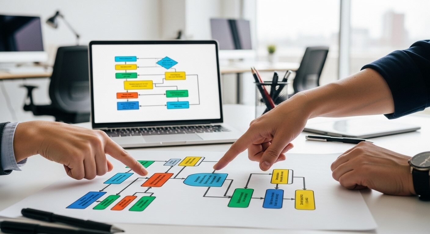 Bàn tay chuyên nghiệp đang chỉ dẫn trên biểu đồ quy trình định hướng sự nghiệp chi tiết, minh họa Dịch vụ tư vấn hướng nghiệp hiệu quả.