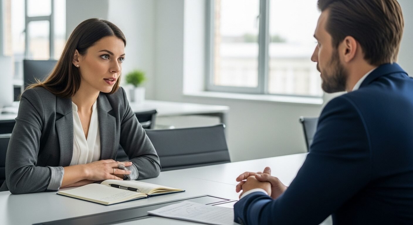 Nhà tuyển dụng nội bộ phỏng vấn ứng viên trong văn phòng sáng sủa, một hình ảnh chuyên nghiệp về nghề tuyển dụng nội bộ.