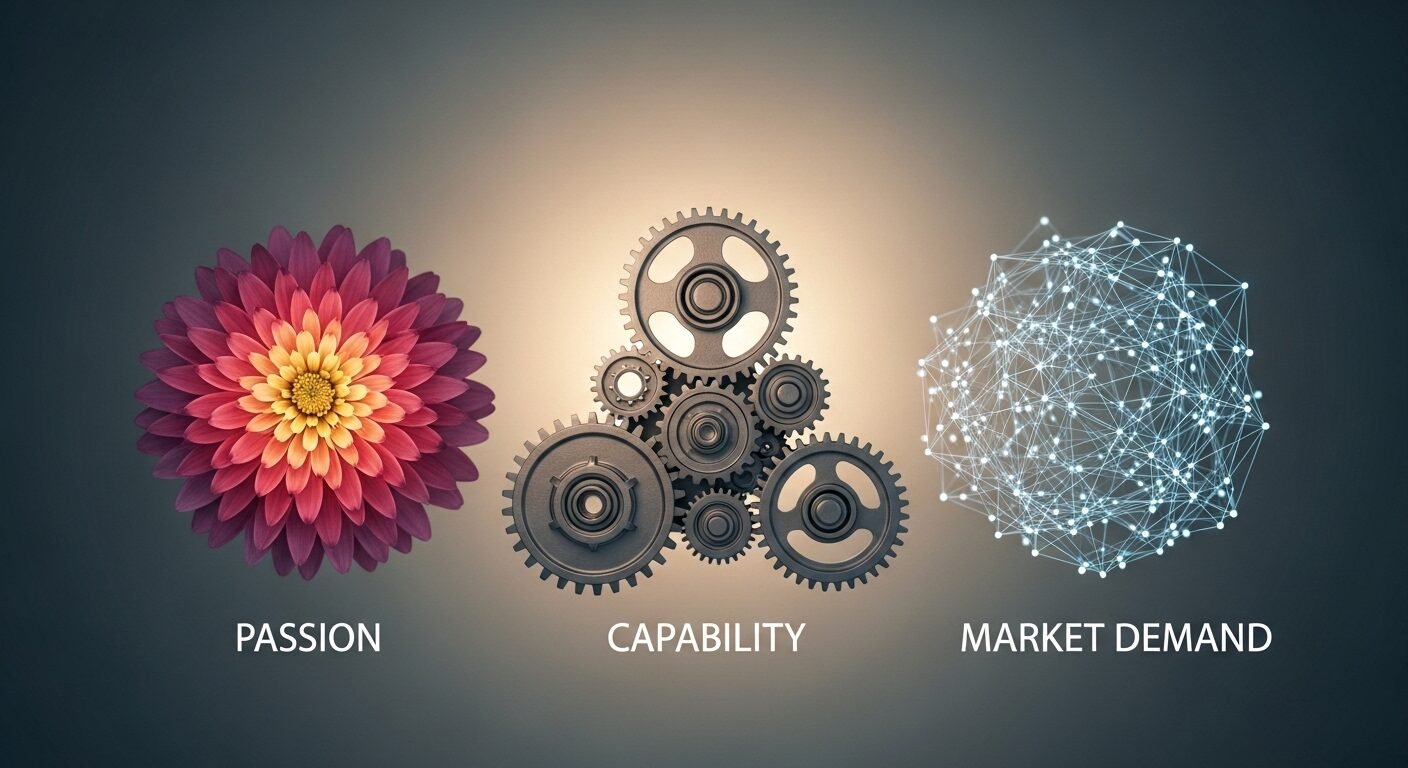 Tam giác khái niệm hướng nghiệp minh họa sự kết hợp hài hòa giữa đam mê (hoa), năng lực (bánh răng) và nhu cầu thị trường (mạng lưới số).