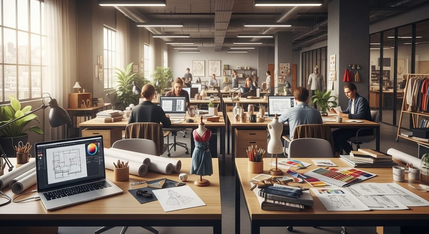 Studio thiết kế hiện đại, đa dạng lĩnh vực từ đồ họa, kiến trúc đến thời trang, minh họa rõ nét các lựa chọn định hướng nghề nghiệp ngành nghệ thuật.