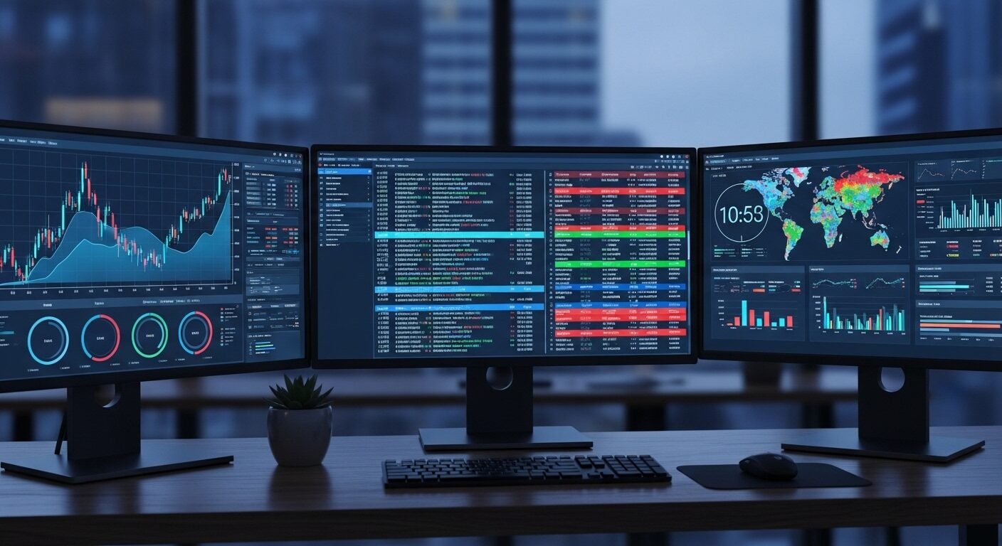 Ba màn hình lớn hiển thị biểu đồ dữ liệu tài chính phức tạp, nhật ký giao dịch và KPI, rất phù hợp cho công việc kế toán công nợ trong môi trường văn phòng hiện đại.