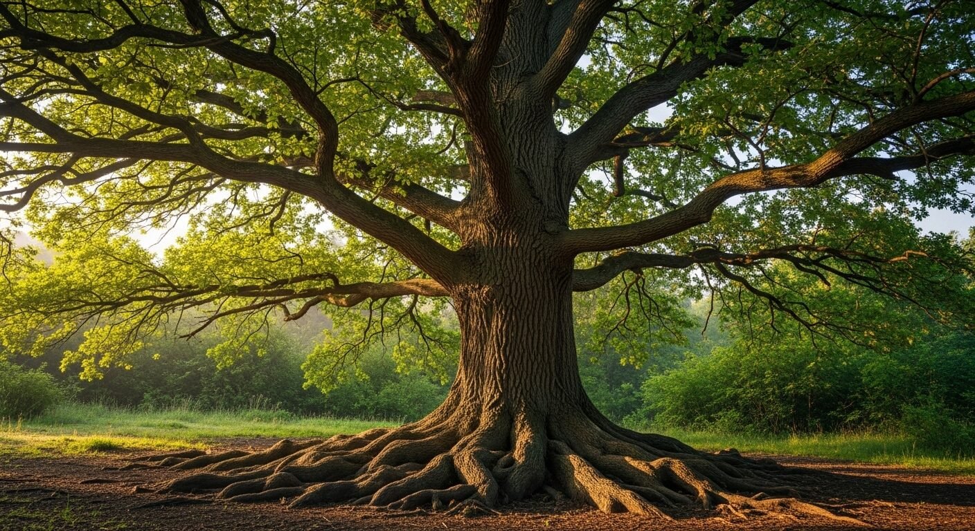 Cây sồi hùng vĩ với gốc rễ sâu vững chắc và tán lá xanh tươi vươn cao dưới ánh nắng ban mai, minh họa tầm quan trọng của việc định hướng nghề nghiệp bền vững. Cây sồi hùng vĩ với gốc rễ sâu vững chắc và tán lá xanh tươi vươn cao dưới ánh nắng ban mai, minh họa tầm quan trọng của việc định hướng nghề nghiệp bền vững.