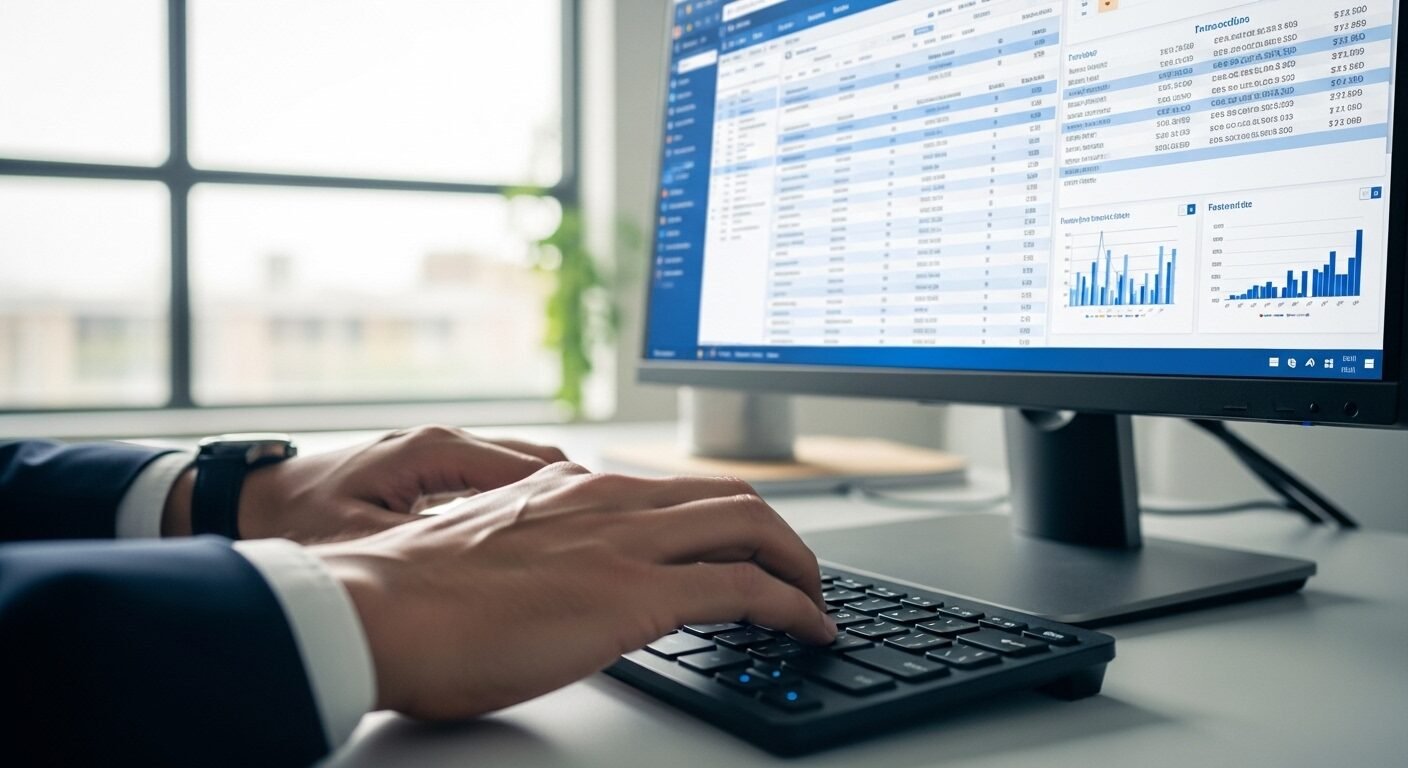 Bàn tay chuyên nghiệp nhập liệu trên bàn phím, màn hình hiển thị phần mềm Kế toán thu chi với các giao dịch chi tiết tại văn phòng hiện đại. Bàn tay chuyên nghiệp nhập liệu trên bàn phím, màn hình hiển thị phần mềm Kế toán thu chi với các giao dịch chi tiết tại văn phòng hiện đại.