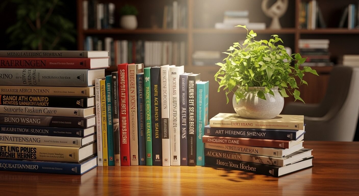 Sách đa dạng, cây xanh trên bàn gỗ dưới nắng ấm, gợi mở việc tìm tòi kiến thức để CHỌN NGHỀ GÌ phù hợp.