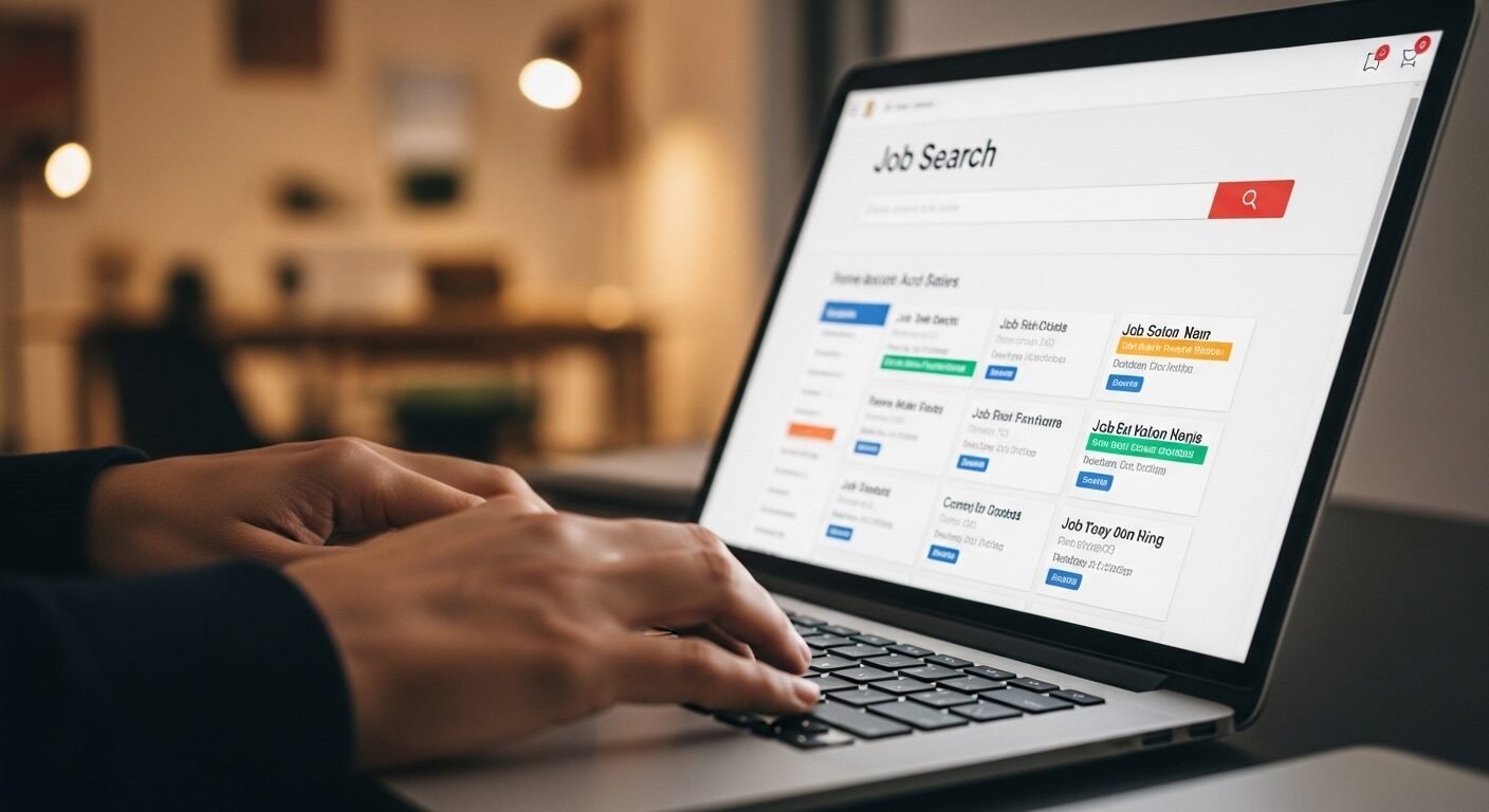 Cận cảnh bàn tay đang gõ laptop, màn hình hiển thị trang web tìm kiếm việc làm với các tin tuyển dụng.