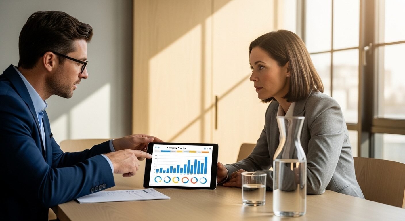 Kế toán thuế và chủ doanh nghiệp đang thảo luận chiến lược tài chính, xem biểu đồ và dự báo trên máy tính bảng trong phòng họp.