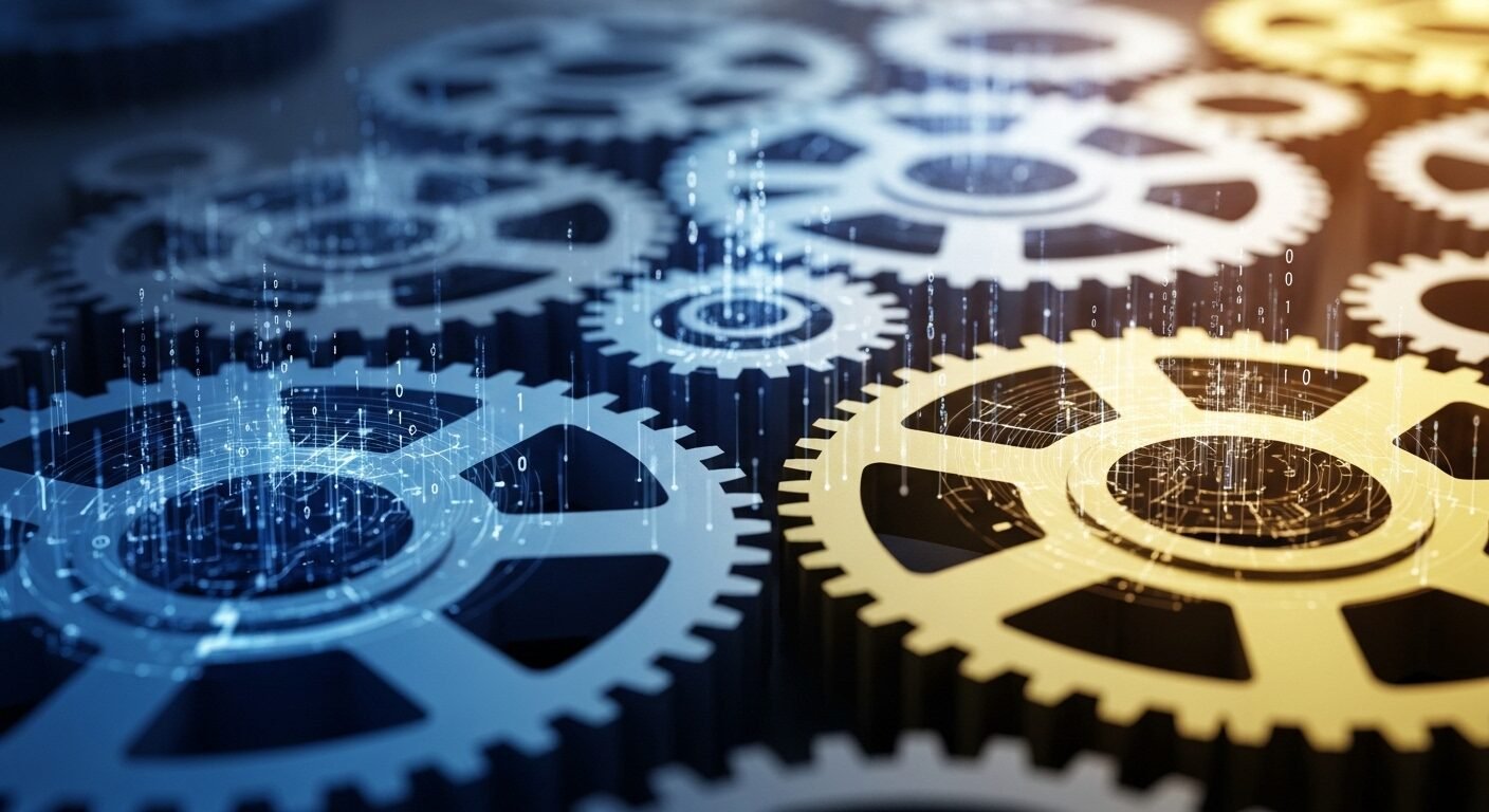 Cận cảnh các bánh răng đa sắc, luồng dữ liệu số và kiến thức liên ngành kết nối, tượng trưng cho hệ thống phức tạp của thị trường giáo dục. Cận cảnh các bánh răng đa sắc, luồng dữ liệu số và kiến thức liên ngành kết nối, tượng trưng cho hệ thống phức tạp của thị trường giáo dục.