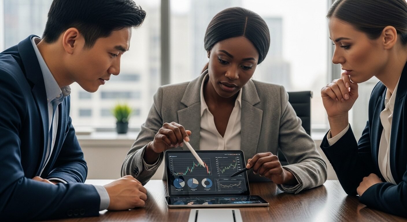 Ba chuyên gia kinh doanh đa dạng, bao gồm Kế toán trưởng, đang hợp tác phân tích biểu đồ tài chính trên máy tính bảng tại bàn họp. Ba chuyên gia kinh doanh đa dạng, bao gồm Kế toán trưởng, đang hợp tác phân tích biểu đồ tài chính trên máy tính bảng tại bàn họp.