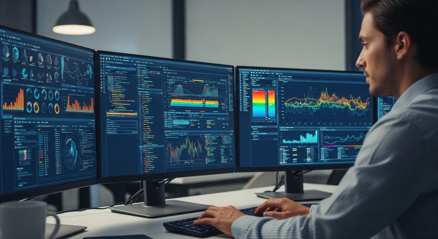 Chuyên gia phân tích dữ liệu tập trung làm việc trong văn phòng hiện đại, với nhiều màn hình hiển thị biểu đồ dữ liệu phức tạp. Đây là một ví dụ điển hình về nghề độc lạ trong kỷ nguyên số. Chuyên gia phân tích dữ liệu tập trung làm việc trong văn phòng hiện đại, với nhiều màn hình hiển thị biểu đồ dữ liệu phức tạp. Đây là một ví dụ điển hình về nghề độc lạ trong kỷ nguyên số.