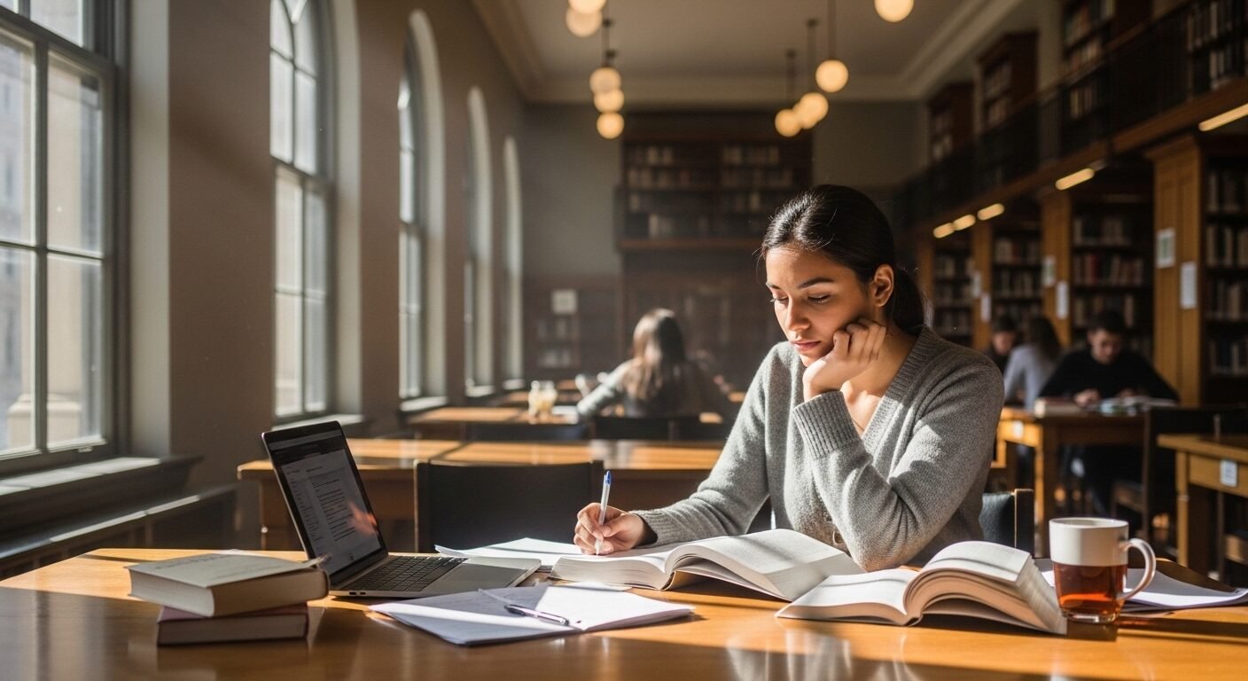 Sinh viên chăm chú học bài trong thư viện đại học yên tĩnh, bên sách và laptop, chuẩn bị cho cơ hội học bổng. Ánh nắng dịu nhẹ tạo không khí lý tưởng.