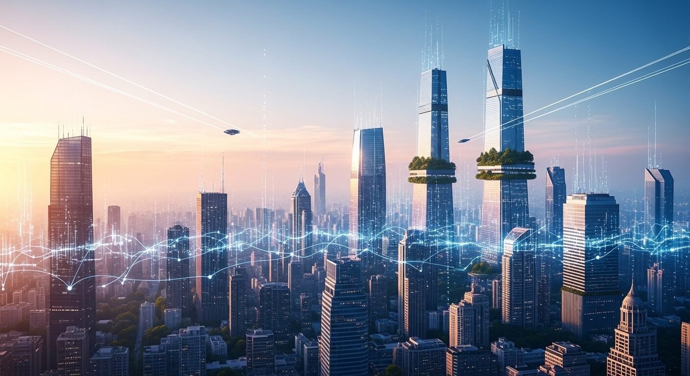 Thành phố tương lai lúc bình minh, với mạng lưới dữ liệu phát sáng phủ khắp các tòa nhà, tượng trưng cho tiến bộ công nghệ và xu hướng thị trường, giúp định hướng khi chọn nghề gì trong kỷ nguyên số.