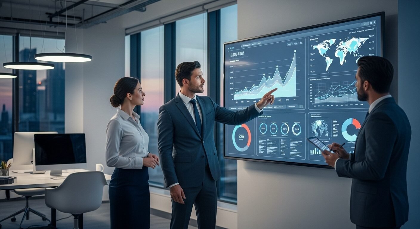 Ba chuyên gia kinh doanh phân tích dữ liệu và biểu đồ xu hướng trên màn hình số lớn, thảo luận chiến lược có tính đến danh sách hiệp hội.