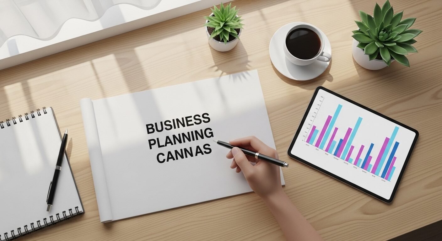 Góc nhìn từ trên xuống bàn làm việc tối giản, với bảng kế hoạch khởi nghiệp đang được phác thảo, cạnh đó là máy tính bảng hiển thị dữ liệu phân tích. Góc nhìn từ trên xuống bàn làm việc tối giản, với bảng kế hoạch khởi nghiệp đang được phác thảo, cạnh đó là máy tính bảng hiển thị dữ liệu phân tích.