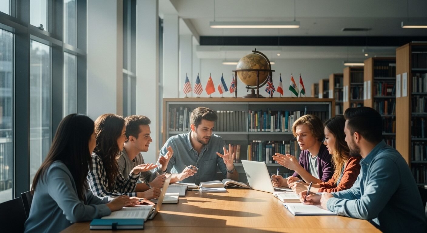 Nhóm sinh viên đa quốc gia thảo luận hợp tác trong thư viện hiện đại, với quả địa cầu và cờ quốc tế, thể hiện tinh thần giáo dục toàn cầu và cơ hội học bổng quốc tế. Nhóm sinh viên đa quốc gia thảo luận hợp tác trong thư viện hiện đại, với quả địa cầu và cờ quốc tế, thể hiện tinh thần giáo dục toàn cầu và cơ hội học bổng quốc tế.