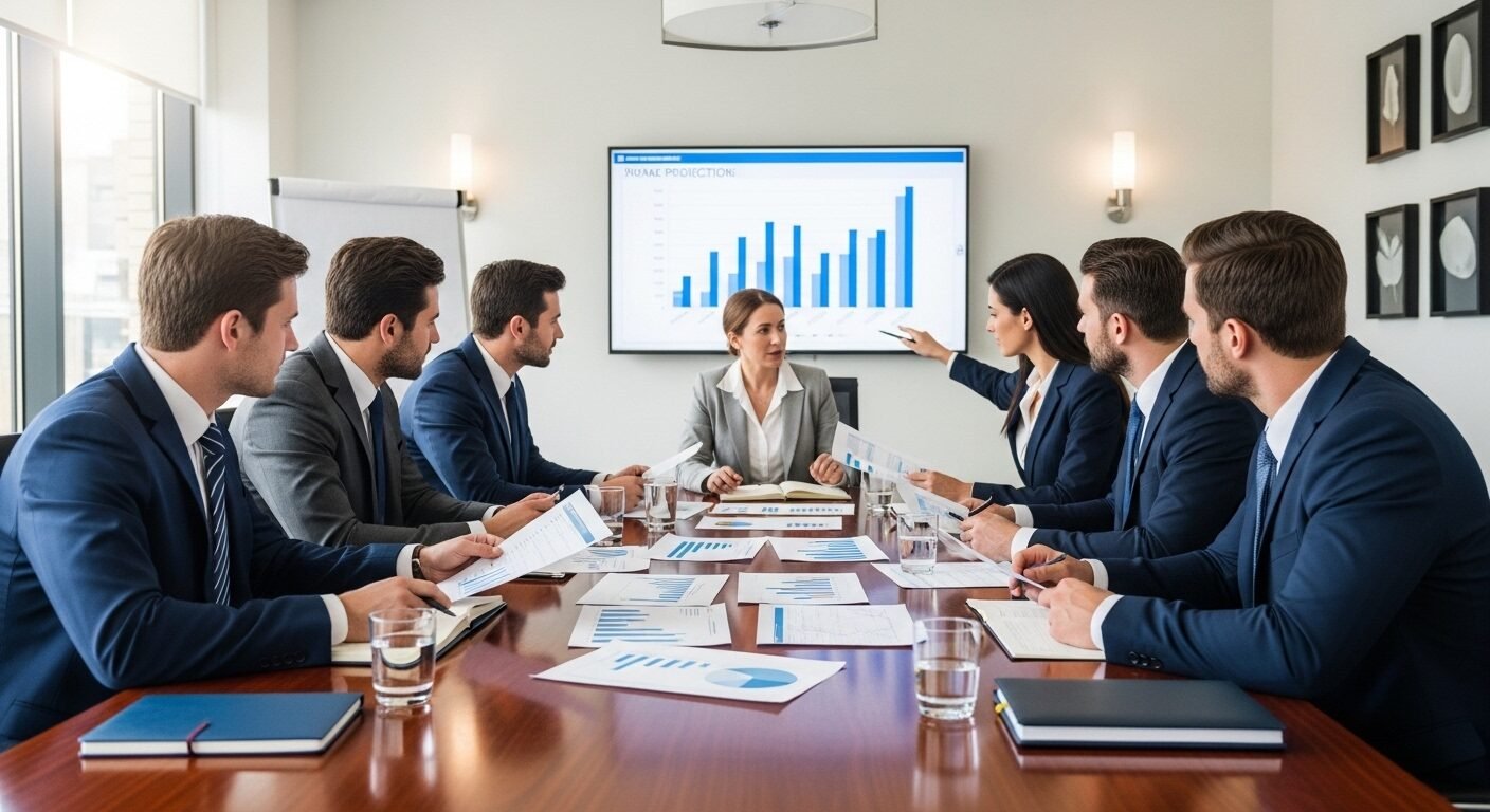 Đội ngũ kiểm toán viên chuyên nghiệp đang xem xét tài liệu tài chính và theo dõi bản trình bày kỹ thuật số trên màn hình lớn tại bàn họp. Đội ngũ kiểm toán viên chuyên nghiệp đang xem xét tài liệu tài chính và theo dõi bản trình bày kỹ thuật số trên màn hình lớn tại bàn họp.