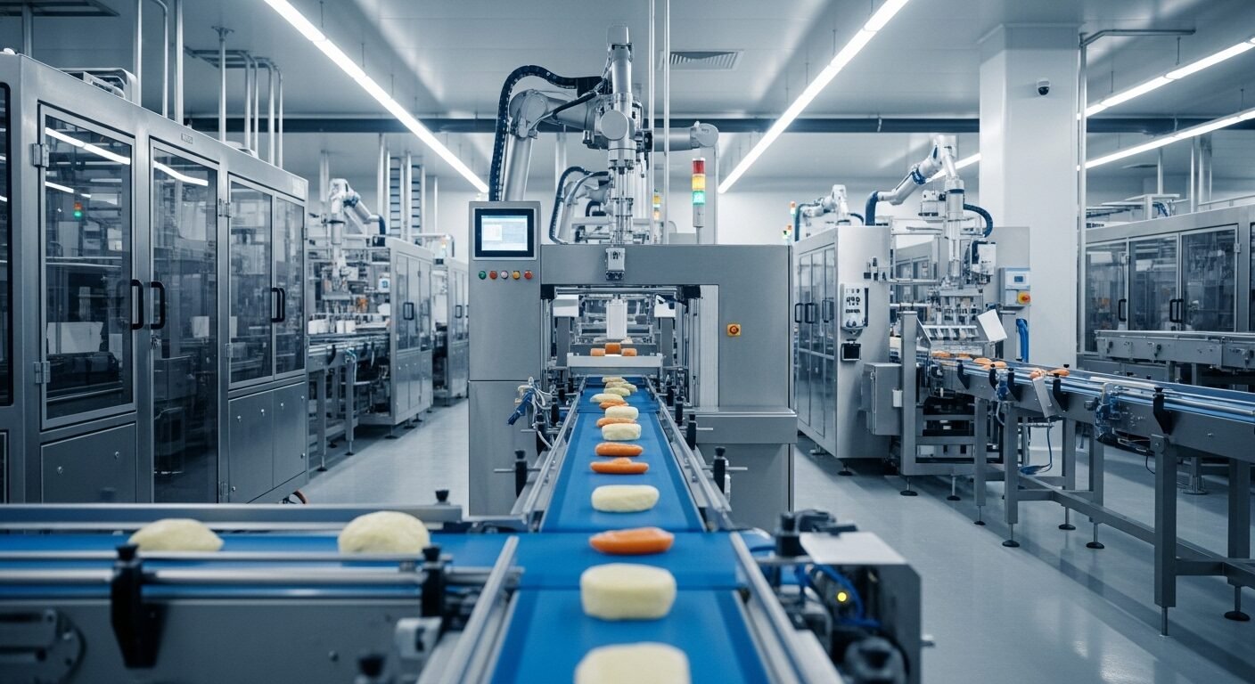 Nhà máy chế biến thực phẩm hiện đại, tự động với máy móc inox và băng chuyền sản phẩm đang hoạt động, thể hiện quy trình sạch sẽ, hiệu quả. Đây là môi trường làm việc tiêu biểu khi Học công nghệ thực phẩm ra làm gì? Nhà máy chế biến thực phẩm hiện đại, tự động với máy móc inox và băng chuyền sản phẩm đang hoạt động, thể hiện quy trình sạch sẽ, hiệu quả. Đây là môi trường làm việc tiêu biểu khi Học công nghệ thực phẩm ra làm gì?