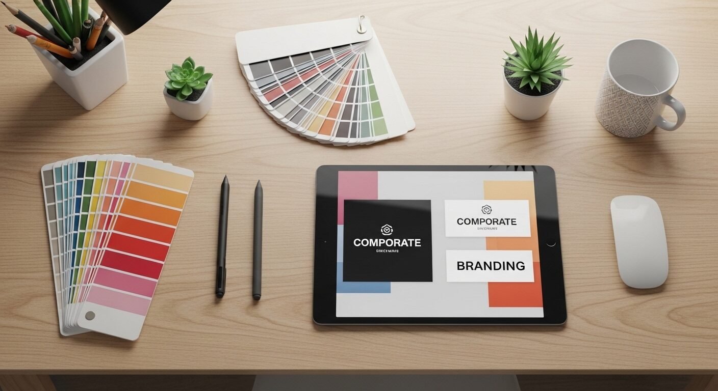 Góc nhìn từ trên cao bàn làm việc thiết kế tối giản, gọn gàng với bút kỹ thuật số, bảng màu và tablet hiển thị mock-up thương hiệu, thể hiện môi trường lý tưởng cho hướng nghiệp sáng tạo.