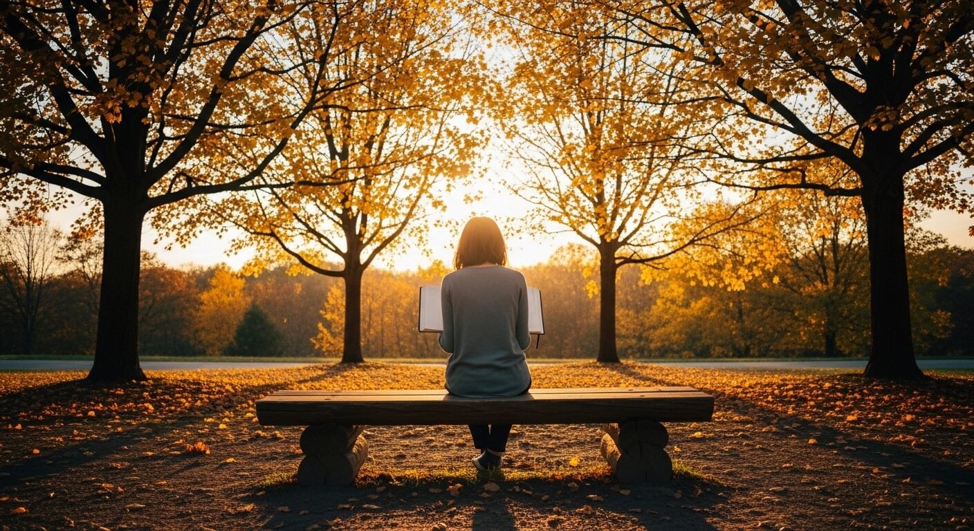 Người trẻ ngồi ghế gỗ công viên, trầm tư đọc sổ, suy ngẫm về CHỌN NGHỀ GÌ dưới ánh nắng vàng mùa thu.