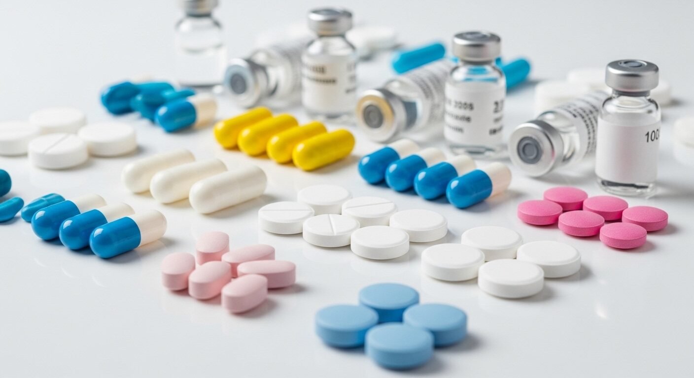 Các sản phẩm dược phẩm đa dạng gồm viên nang, viên nén và lọ thủy tinh vô trùng, sắp xếp gọn gàng trên nền trắng, minh họa cụ thể cho những thành quả và công việc của ngành, giúp giải đáp thắc mắc học hóa dược ra làm gì.