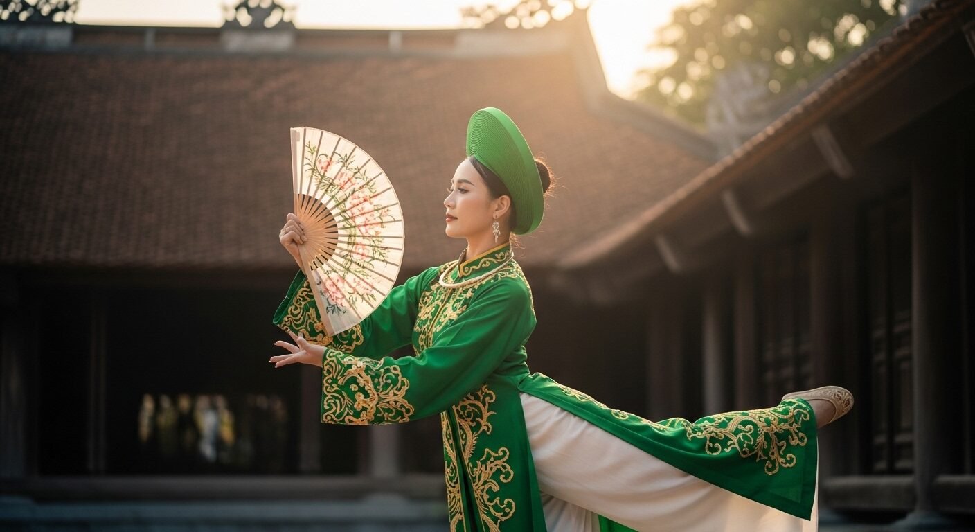 Diễn viên múa trong áo dài truyền thống, nón lá, duyên dáng cầm quạt biểu diễn múa dân gian Việt Nam, với kiến trúc cổ kính mờ ảo. Hình ảnh tôn vinh vẻ đẹp và tài năng của ngành Diễn viên múa.