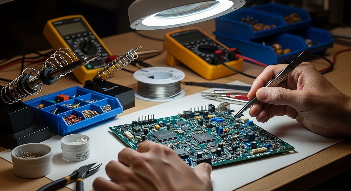 Cận cảnh bàn tay tỉ mỉ thao tác trên bảng mạch điện tử phức tạp, kèm dụng cụ chuyên dụng. Hình ảnh gợi mở về sự nghiệp kỹ thuật và liệu có nên học đại học để phát triển chuyên môn sâu rộng.