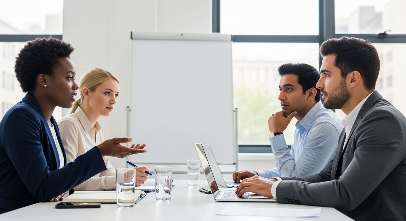 Bốn chuyên gia đa dạng thảo luận sôi nổi tại bàn hội nghị hiện đại, với bài thuyết trình kinh doanh sống động trên màn hình lớn, minh họa rõ nét các vai trò và hoạt động của người học ngành Quản trị doanh nghiệp ra làm gì trong môi trường chuyên nghiệp.