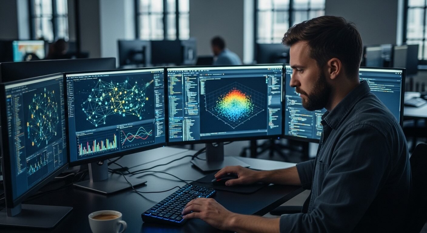 Chuyên gia phân tích dữ liệu tập trung làm việc với biểu đồ và mã code trên nhiều màn hình, minh họa vai trò then chốt trong ngành bị ảnh hưởng bởi AI.