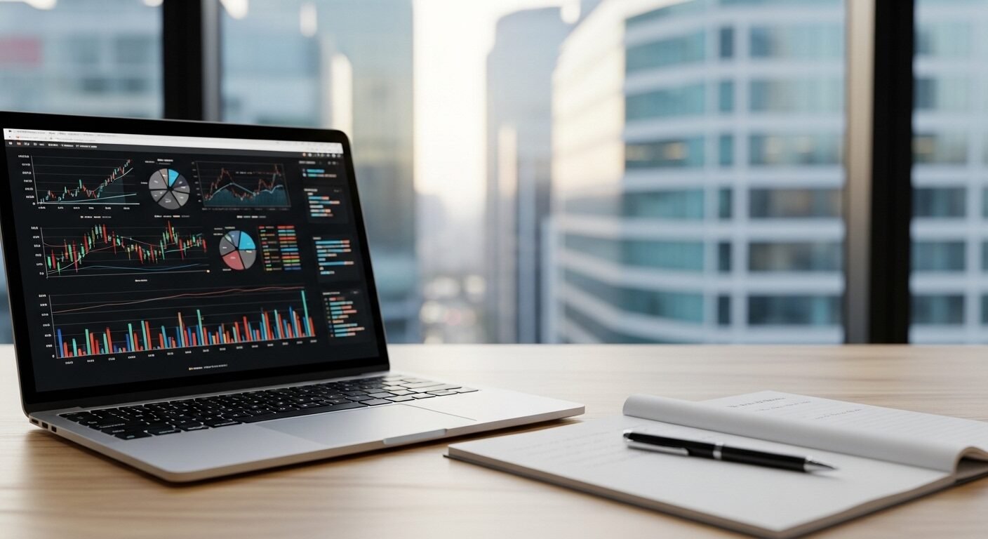 Bàn làm việc văn phòng tối giản với laptop hiển thị biểu đồ tài chính phức tạp, sổ tay và bút chuyên nghiệp, phông nền khu kinh doanh thành phố hiện đại. Hình ảnh minh họa môi trường làm việc của các ngành nghề lương cao.