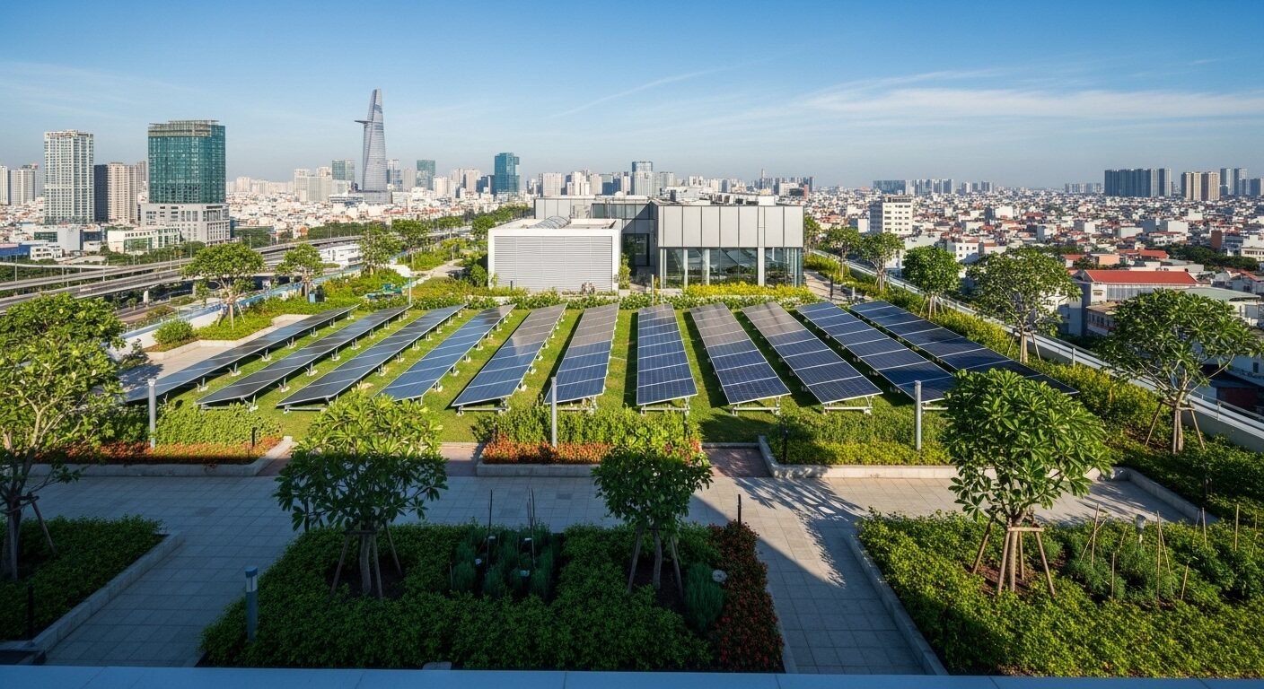Sân thượng tòa nhà hiện đại tại TP.HCM với pin mặt trời và cây xanh, phản ánh xu hướng nghề nghiệp TP.HCM 5 năm tới về phát triển bền vững và công nghệ xanh. Sân thượng tòa nhà hiện đại tại TP.HCM với pin mặt trời và cây xanh, phản ánh xu hướng nghề nghiệp TP.HCM 5 năm tới về phát triển bền vững và công nghệ xanh.