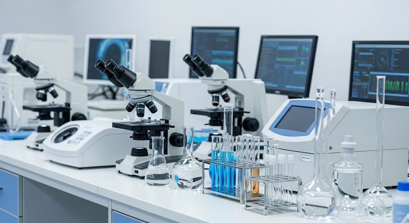 Phòng thí nghiệm vô trùng với kính hiển vi, thiết bị y tế tiên tiến và dụng cụ khoa học, phản ánh môi trường phát triển các ngành nghề lương cao 2025.