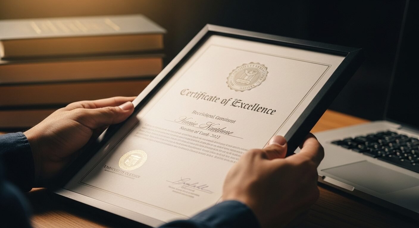 Bàn tay nâng niu chứng chỉ thành tích học tập xuất sắc, minh chứng cho quá trình ôn luyện nghiêm túc. Đây là hành trang vững chắc cho kỳ tuyển sinh Đại học Bách khoa Hà Nội 2026, với sách vở và laptop mờ ở hậu cảnh. Bàn tay nâng niu chứng chỉ thành tích học tập xuất sắc, minh chứng cho quá trình ôn luyện nghiêm túc. Đây là hành trang vững chắc cho kỳ tuyển sinh Đại học Bách khoa Hà Nội 2026, với sách vở và laptop mờ ở hậu cảnh.