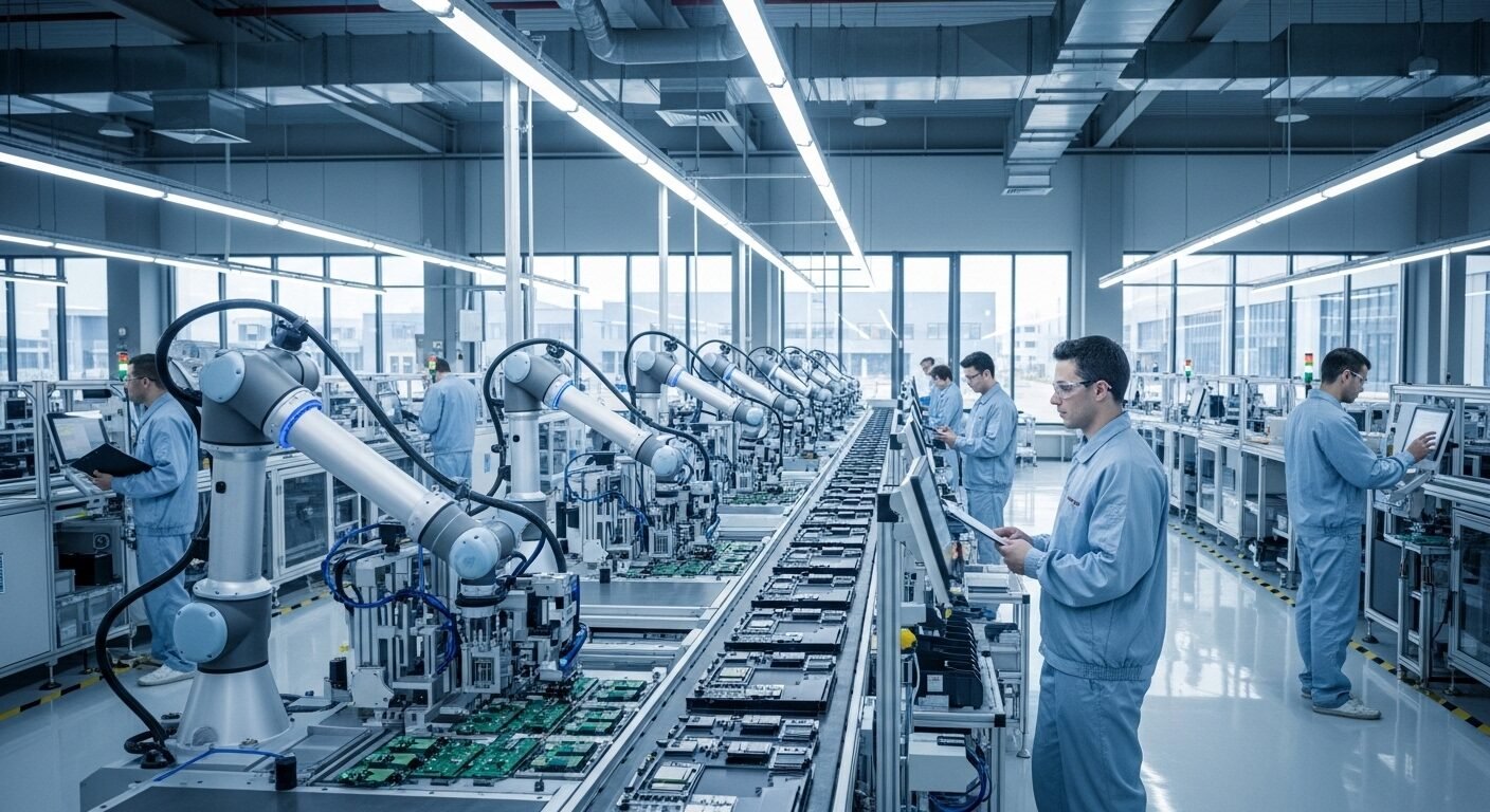 Dây chuyền sản xuất hiện đại với robot tự động và kỹ thuật viên giám sát, đại diện cho các ngành nghề thiếu nhân lực TP.HCM cần kỹ năng cao.